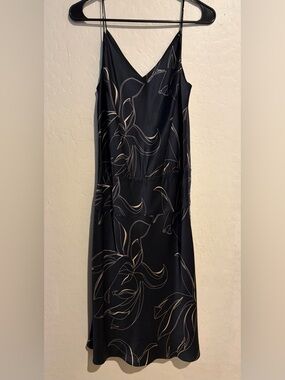 Banana Republic 100% Silk Black Slip Dress Floral Midi Minimalist Elegant Size 6